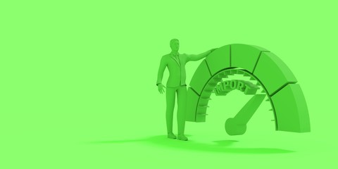 Import level scale with arrow. Man stay near measuring device. Sign tachometer, speedometer, indicators. Infographic gauge element. 3D rendering