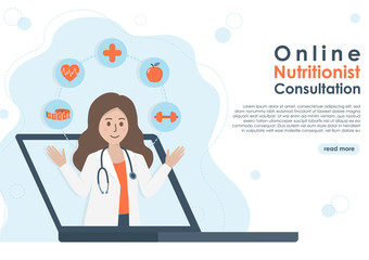 Female nutritionist doctor or dietitian with stethoscope, health icons on laptop screen. Online medical consultation, healthcare and nutrition diet plan concept. Flat vector. Copy space for text.