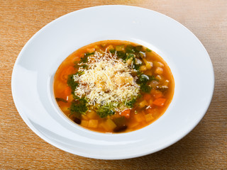 Minestrone is a thick soup of Italian origin made with vegetables, pasta and rice