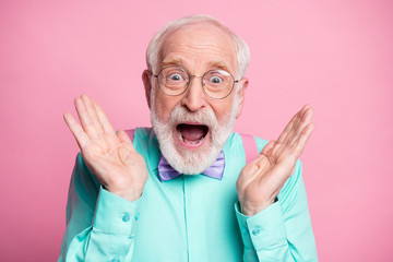 Closeup photo of funky crazy grandpa hands raised up see discount low shopping prices wear specs...