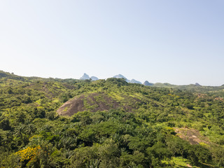 Aerial drone photography of a tropical landscape, with forest and mountains Kumbira forest reserve