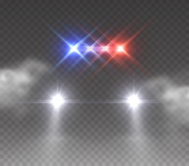 Police headlights flares and siren effect front view. Realistic emergency car lights isolated on transparent background. Vector special red blue bar beams at night