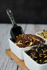 Detail of tea, herbal and rooibos dry leaves. Detox and healthy infusion