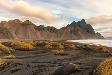 mountain landscape with blue sky, Viking Village, Iceland