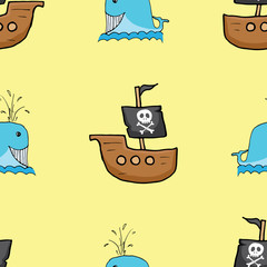 Pirate boat and whale Seamless pattern. Cute Doodles pirate sketch. Hand drawn Cartoon Vector illustration