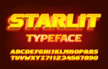 Fototapeta na wymiar Starlit alphabet font. 3D glowing letters, numbers and symbols. Retro-futuristic vector typeface for your typography design.