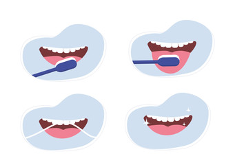 How to brush teeth correctly collection. Brushing teeth with toothbrush. Smiling mouth with tongue and healthy teeth. Oral hygiene and dental  procedures concept. Cute vector illustration in flat