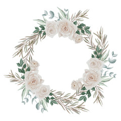 Wreath with cream roses and green leaves. Illustration wreath with roses.