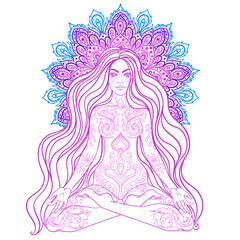 Chakra concept. Girl sitting in lotus position over colorful ornate mandala. Vector ornate decorative illustration isolated on white. Buddhism esoteric motifs. Tattoo, spiritual yoga.