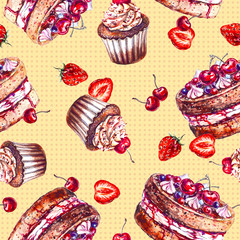 Seamless pattern with birthday cakes and fresh berries painted with watercolor
