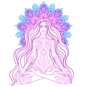Chakra concept. Girl sitting in lotus position over colorful ornate mandala. Vector ornate decorative illustration isolated on white. Buddhism esoteric motifs. Tattoo, spiritual yoga.