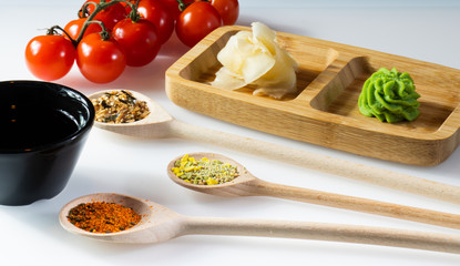 Traditional assortment of sushi, nigiri, sashimi platter, with black and white background