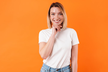 Image of happy caucasian woman smiling and looking at camera