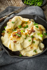 Fried dumplings (pierogi) with meat filling sprinkled with greaves.