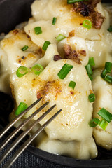 Fried dumplings (pierogi) with meat filling sprinkled with greaves.