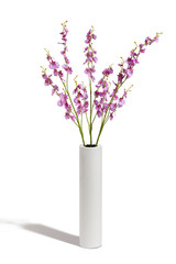 Subject shot of a cylindrical white vase with several twigs of violet orchids in it. The vase with...