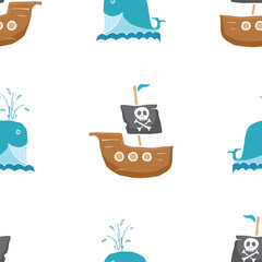 Pirate boat and whale Seamless pattern. Cute Doodles pirate sketch. Hand drawn Cartoon Vector illustration