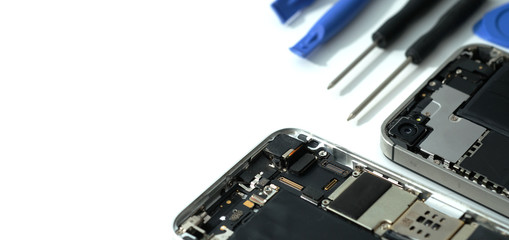 Technician repairing the Cell phone parts and tools for recovery repair smartphone and upgrade...
