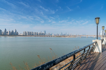 city skyline of business district downtown in daytime