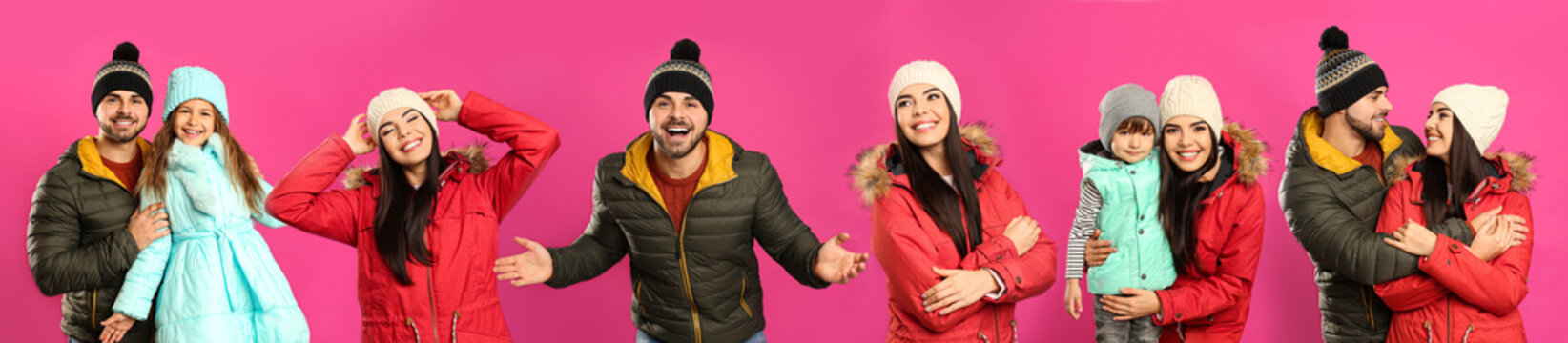 Collage with photos of people wearing warm clothes on pink background, banner design. Winter vacation