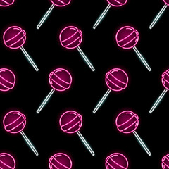 Seamless pattern with neon icons of lollipop on black background. Sweets, candy, girly concept. Vector 10 EPS illustration.