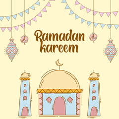 Fototapeta premium Ramadan kareem background with hand drawn doodle of islamic ornament, mosque, lantern, and garlands. Greeting card for islamic holy month festival, ramadan mubarak.