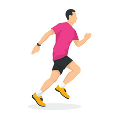 Fototapeta na wymiar Running man in modern style vector illustration, healthy person simple flat shadow isolated on white background.