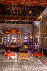 Fototapeta na wymiar Takhat Vilas (Maharaja Takhat Singh's Chamber) decorated room in Mehrangarh fort. Jodhpur, Rajasthan, India