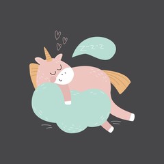 A fabulous unicorn with hearts on a dark background. Vector illustration for printing on a postcard, poster, or clothing. Cute children's background.