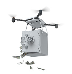 3d rendering of drone with camera carrying unlocked light gray money safe, with dollar bills falling out, isolated on white background.