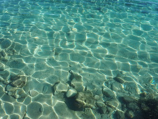 Fototapeta premium vista del mar de una playa de Mallorca con aguas cristailnas y mar en calma. Concepto de vacaciones verano y relax 