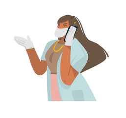 Hand drawn vector stock abstract graphic illustration with female doctor gives recommendations by phone, well protected in a face mask and gloves isolated on white background