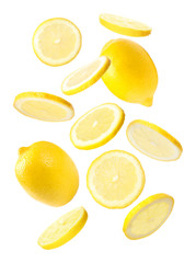 Set of falling delicious lemons on white background