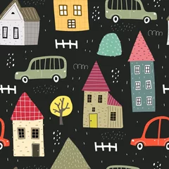Wallpaper murals Cars seamless pattern with cartoon houses, cars, trees, decor elements on a neutral background. colorful vector for kids, flat style. Baby design for fabric, textile, print, wrapper.