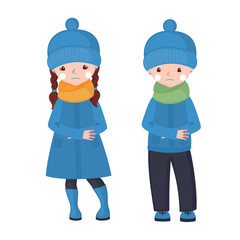 Frostbite girl and boy in cartoon style isolated on white background.