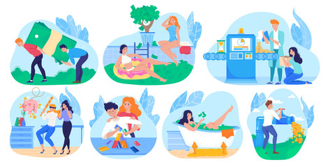 Rich people bathing in money, millionaire cartoon character, set of funny concepts, vector illustration. Young man and woman luxury lifestyle, fortune winner. Happy rich person, wealthy careless girl