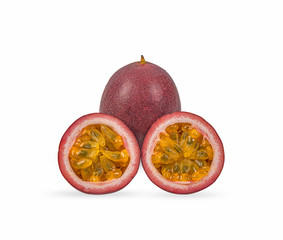 closeup passion fruit & slice isolated on white background