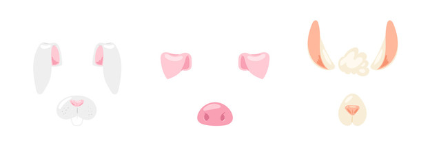 Vector illustration of animal face for selfie photo or video chat for apps. Cute and funny cartoon character, rabbit, pig, lama head masks with nose and ears for masquerade, carnival, costume party