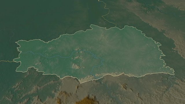 K&eacute;dougou, region with its capital, zoomed and extruded on the relief map of Senegal in the conformal Stereographic projection. Animation 3D