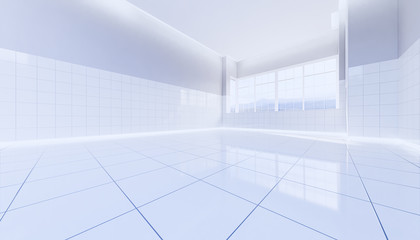 3d rendering of white tile floor in toilet room.