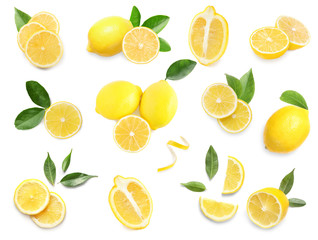 Set of delicious lemons on white background, top view