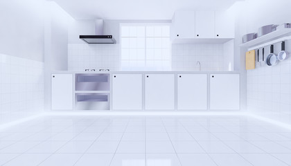 3d rendering of white tile floor in kitchen room