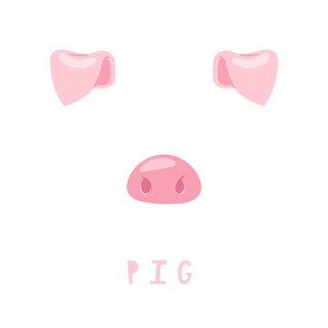Vector illustration of animal face for selfie photo or video chat for apps. Cute and funny cartoon character, pig head mask with nose and ears for masquerade, carnival, costume party