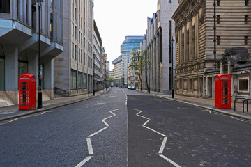 A view down an empty street in central London during Coronavirus lock down, April 2020, United Kingdom.
