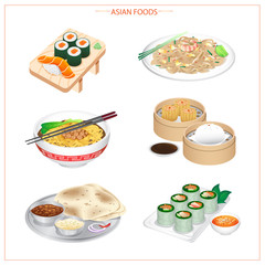 Asian food is available in many countries, such as sushi, Pad Thai, Dim Sum, Indian food, Vietnamese spring roll, variety of ingredients, vegetables, herbs and spices.