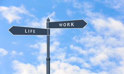 Signpost against beautiful blue sky, space for text. Concept of balance between work and life