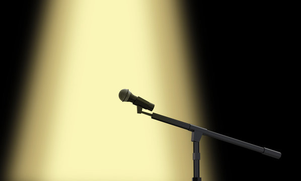 3d Rendering. A Performance Microphone With Yellow Stage Light As Background.