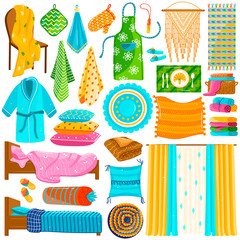 Home textile collection, set of domestic cloths isolated on white, household fabric collection, vector illustration. Colorful textile in cartoon style, bed linen, towel, cushions and curtains for home