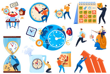 Time management concept, business people deadline, set of cartoon characters, vector illustration. Workflow optimization and project manager productivity, time pressure. Businessman stress, task delay