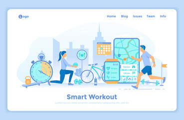 Smart Workout, Training, Fitness, Running. Fitness tracker app graphic user interface for smart watch and phone. Man and woman doing sports exercises. landing web page template decorated with people.